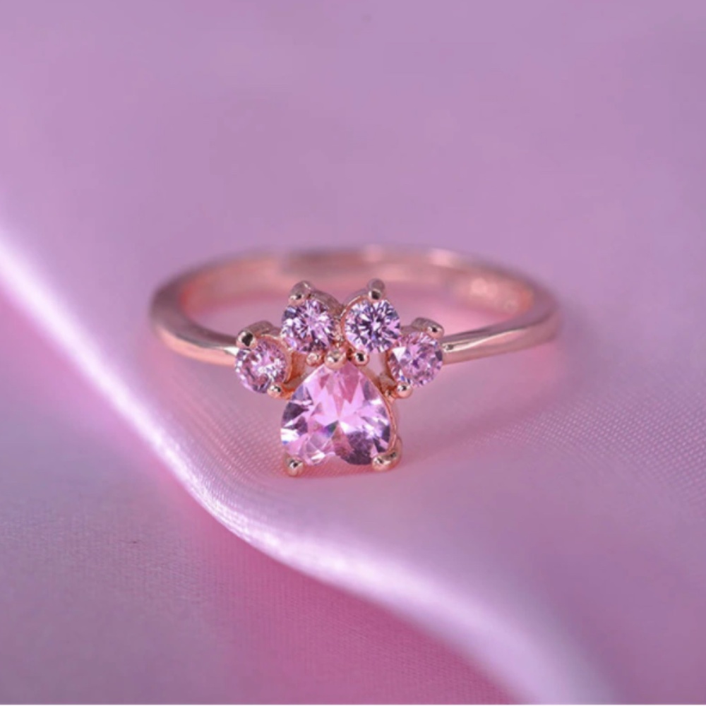 Sterling Silver Paw Print Stone Rose Gold  Ring